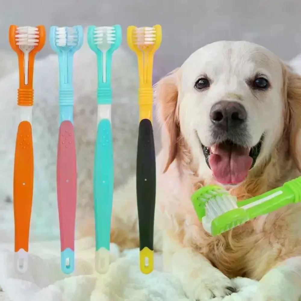 Teeth Whitening Brush - 3面ペット歯ブラシ犬猫歯科口腔ケアブラシ口臭歯石除去プラスチック歯磨きツール犬用