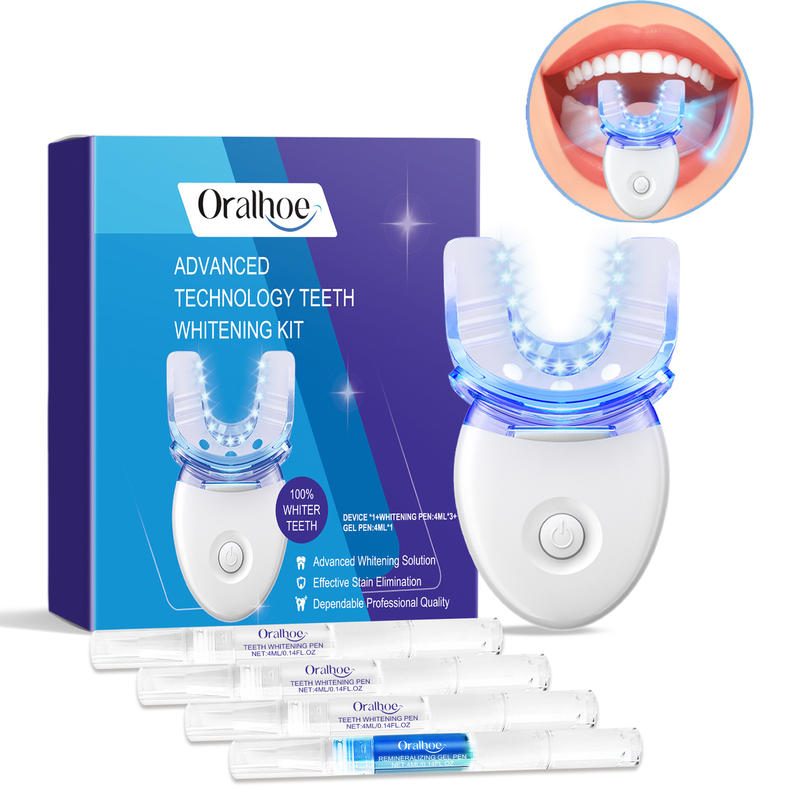 Teeth Whitening At Home - プロフェッショナルな歯のホワイトニングLEDライトキット、4倍のホワイトニングジェル、加速ホワイトニングシステム、白い笑顔のためのブルーライトツール